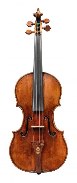 front of a violin by Giuseppe Guarneri del Gesu, dated 1743, Baron Heath