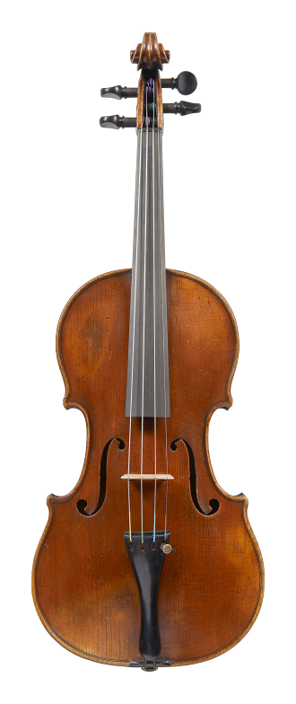 Front of a violin by ASP Bernardel, 1829. The wood chosen for this violin is exquisite and the rich burgundy varnish covering the instrument is still largely intact.