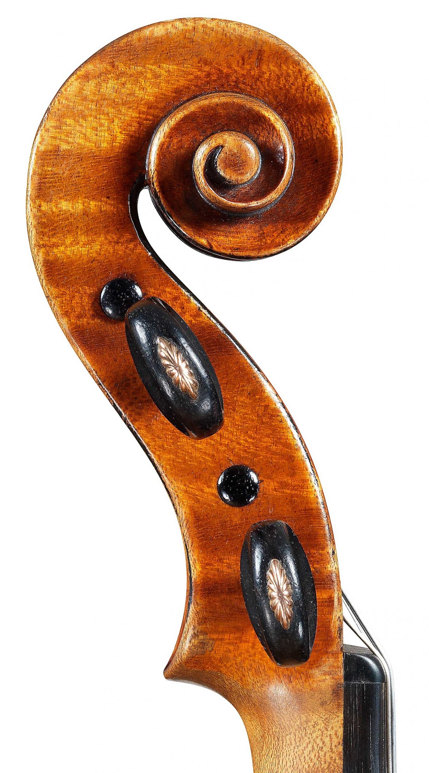 Scroll of decorated violin by JB Vuillaume, ex-Caraman de Chimay, dated 1865, exhibited by Ingles & Hayday at Sotheby's in 2012