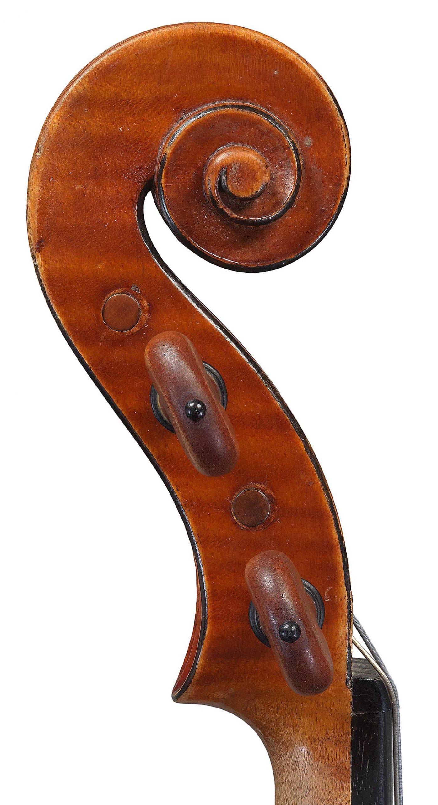 Scroll of a violin by JB Vuillaume, King of Portugal, dated 1873, exhibited by Ingles & Hayday at Sotheby's in 2012