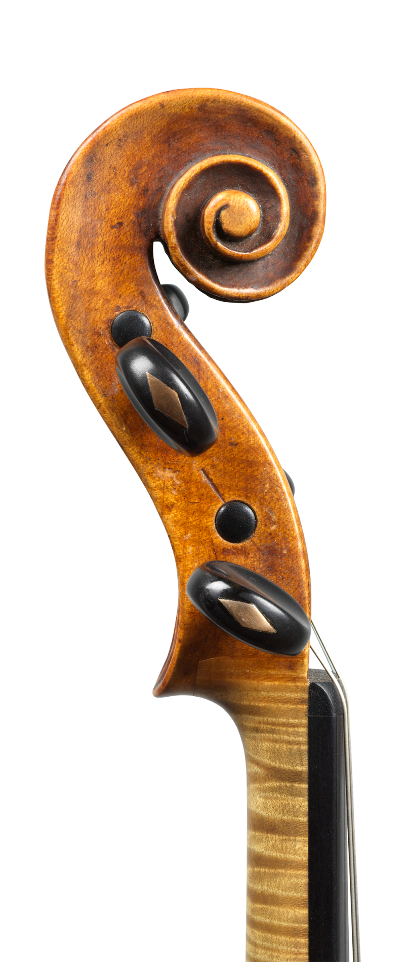 Scroll of a violin by Vincenzo Rugeri, made circa 1700, offered by Ingles & Hayday