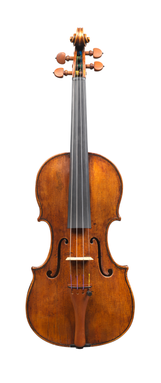 Front of a rare violin by Carlo Rugeri, circa 1710. The model used for this instrument is particularly delicate and elegant, and its sound is refined.