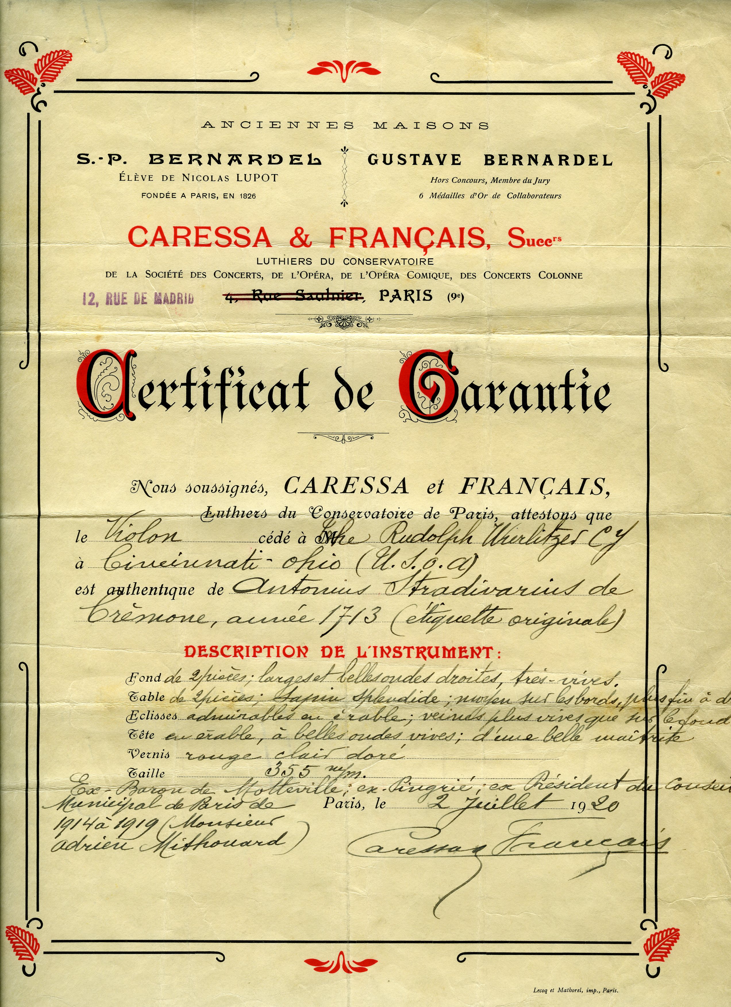 Caressa Francais Certificate for the ex-Pingrille by Antonio Stradivari