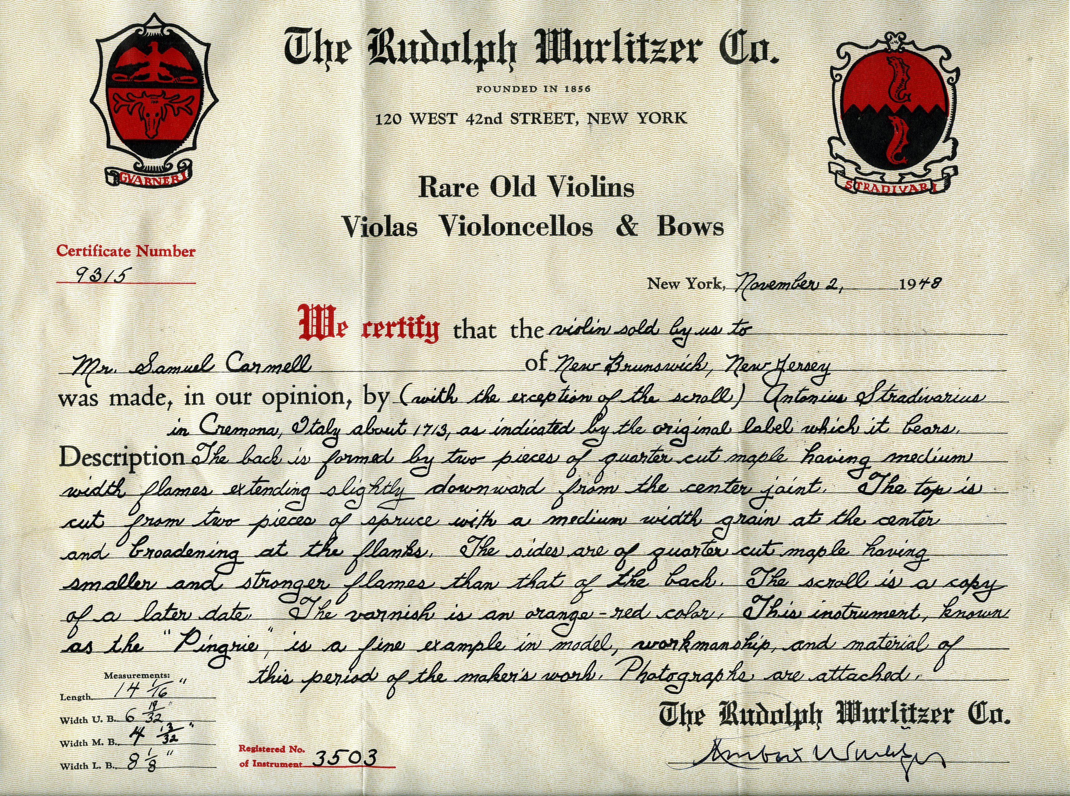 A certificate written by The Rudolph Wurlitzer Co. for the 'ex-Pingrillé' in 1948