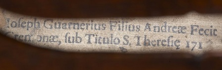 Label of the Giuseppe Guarneri filius Andreae cello that is being sold at Ingles & Hayday