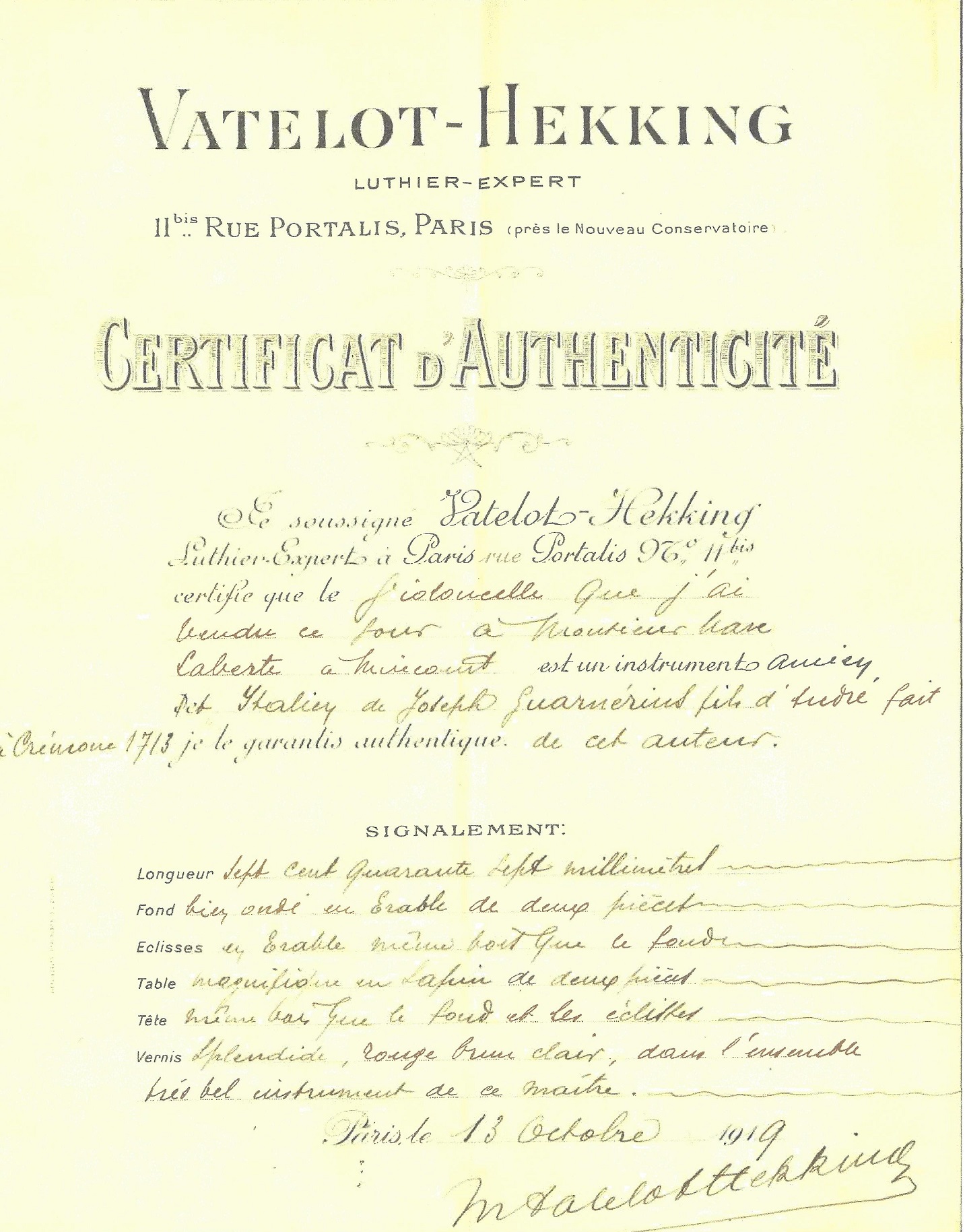 Vatelot-Hekking certificate relating to the Giuseppe Guarneri filius Andreae cello that is being sold at Ingles & Hayday