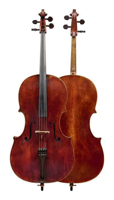 front and back of a cello by William Forster, London, 1775