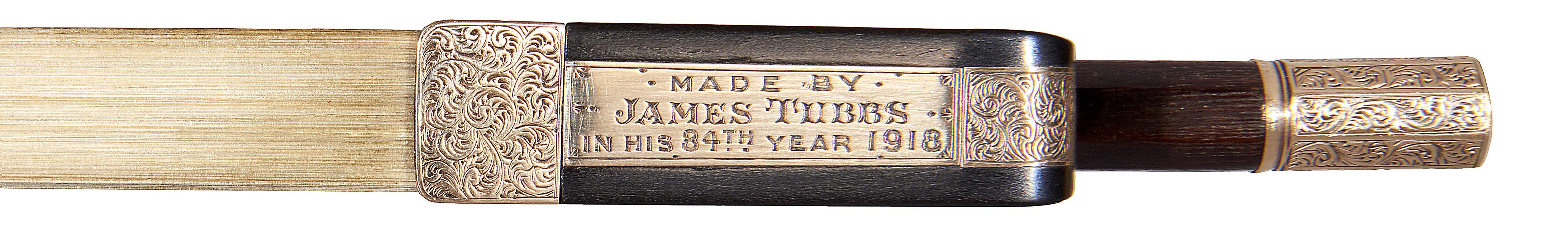 Engraving on A chased gold-mounted 'birthday' violin bow by James Tubbs, 1918
