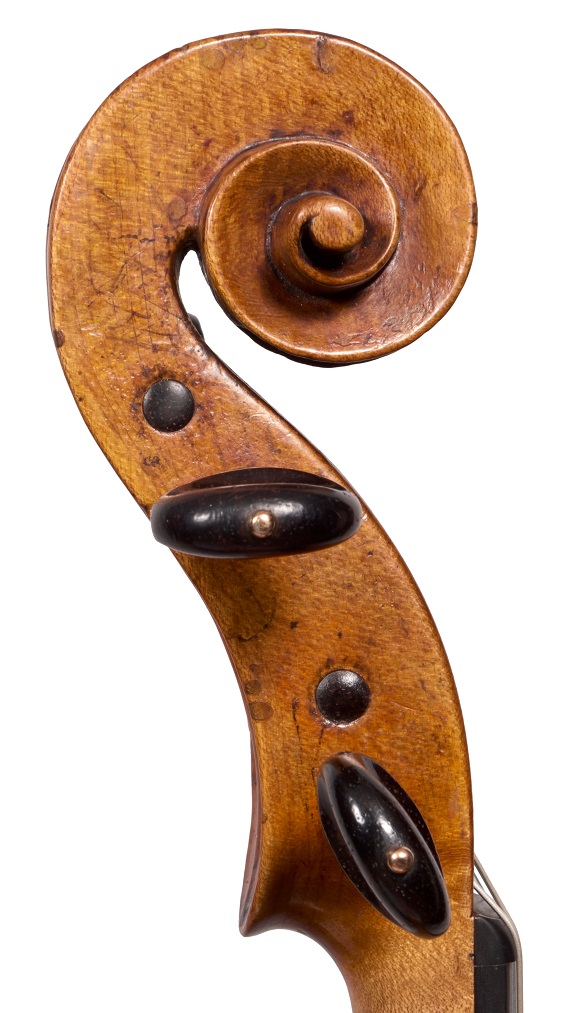 Scroll of the Giovanni Grancino violin, 1698 from the Norman Rosenberg collection to be sold at Ingles & Hayday