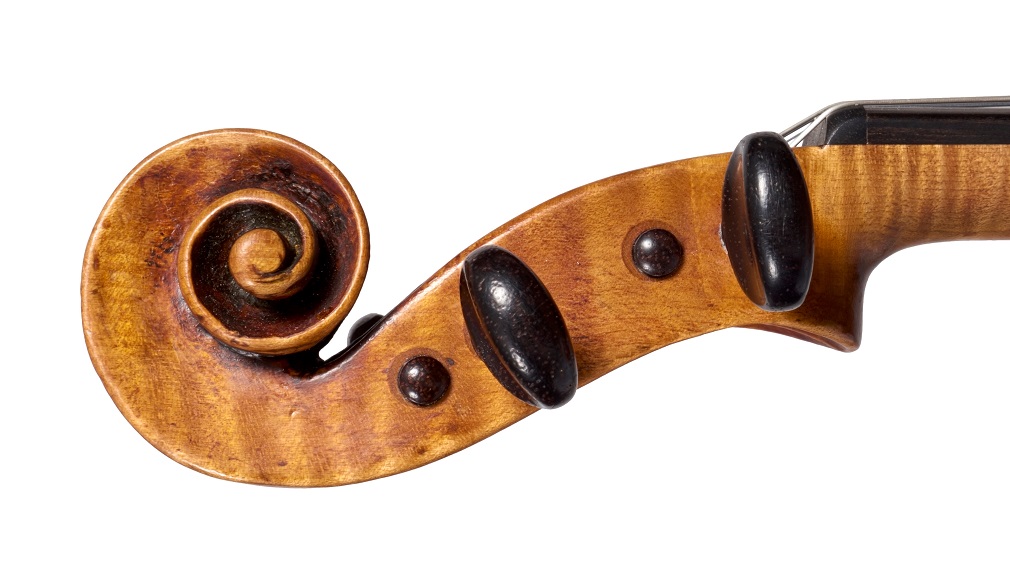 Scroll of the Michele Deconet violin in the Rosenberg collection at Ingles & Hayday