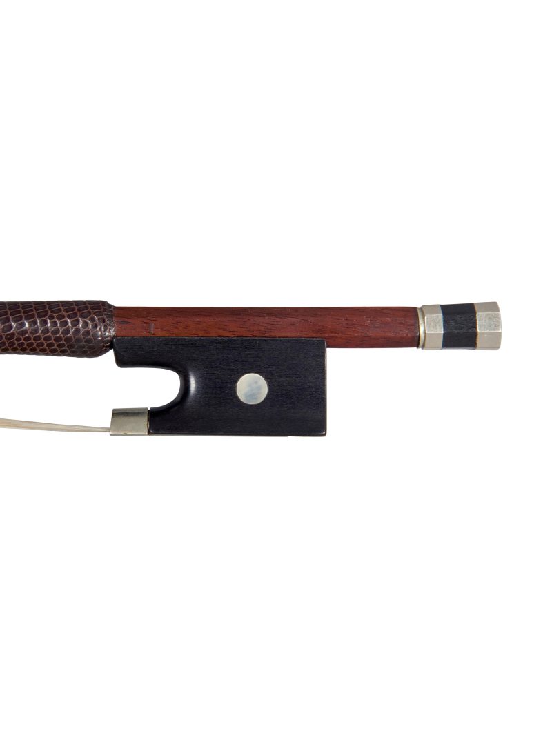 A nickel-mounted violin bow by Jean Dominique Adam, Mirecourt, c1840