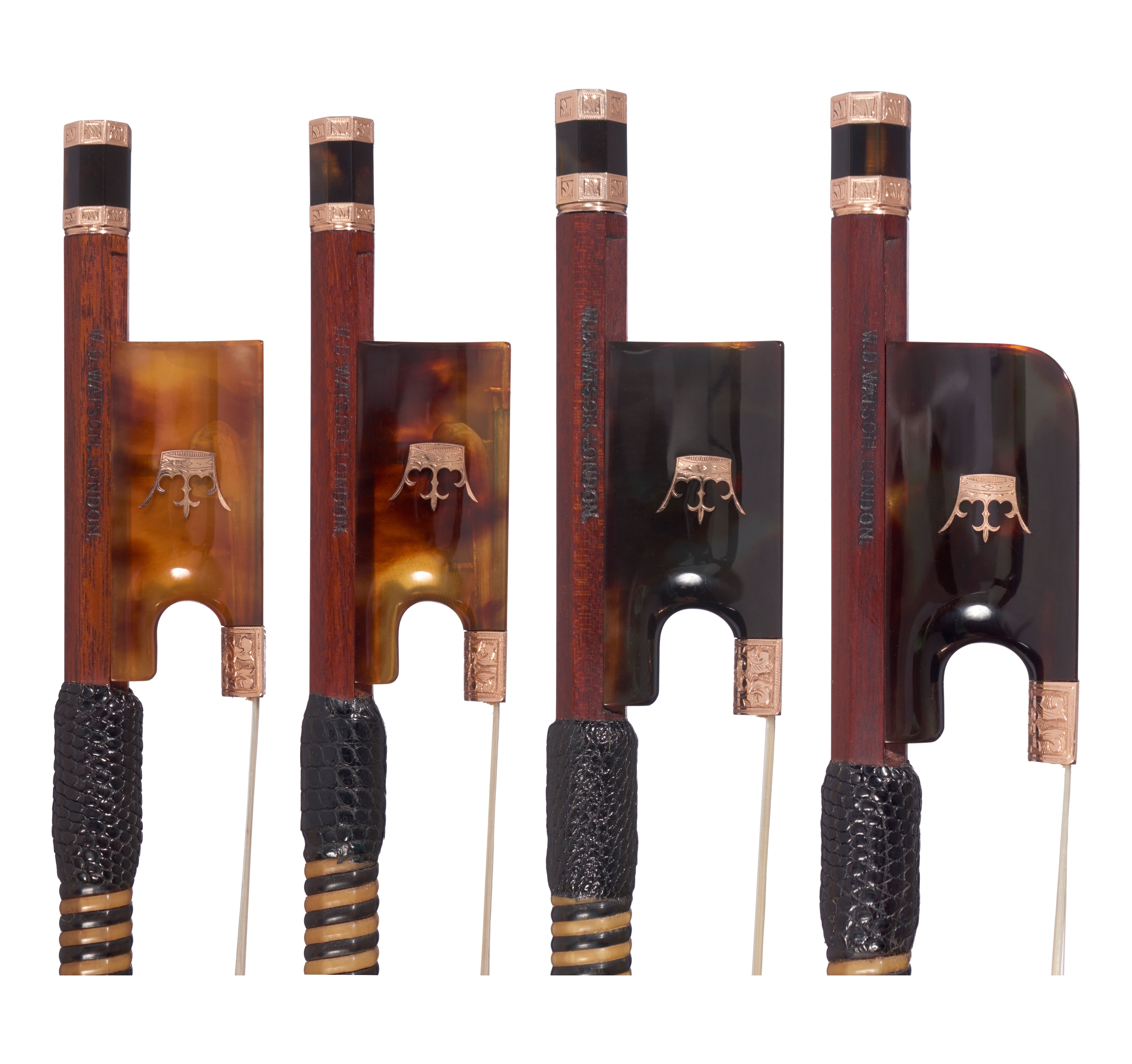 A quartet of chased gold & tortoiseshell-mounted bows by William Watson, London, 1978