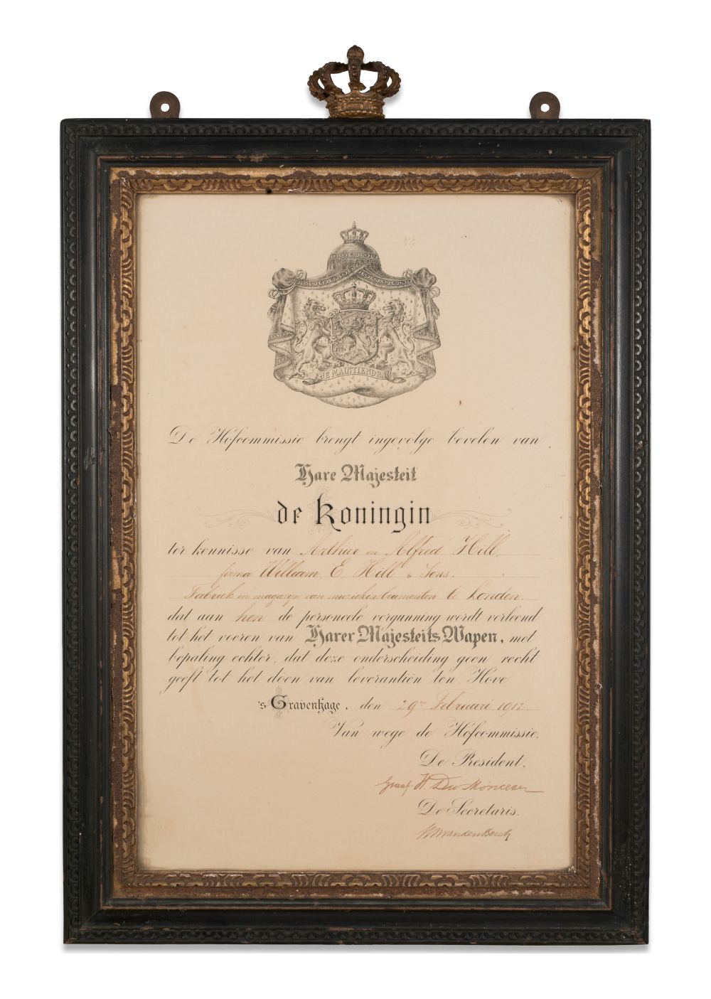 A Royal Warrant from Queen Wilhelmina of the Netherlands to W.E. Hill & Sons, 29th February 1912