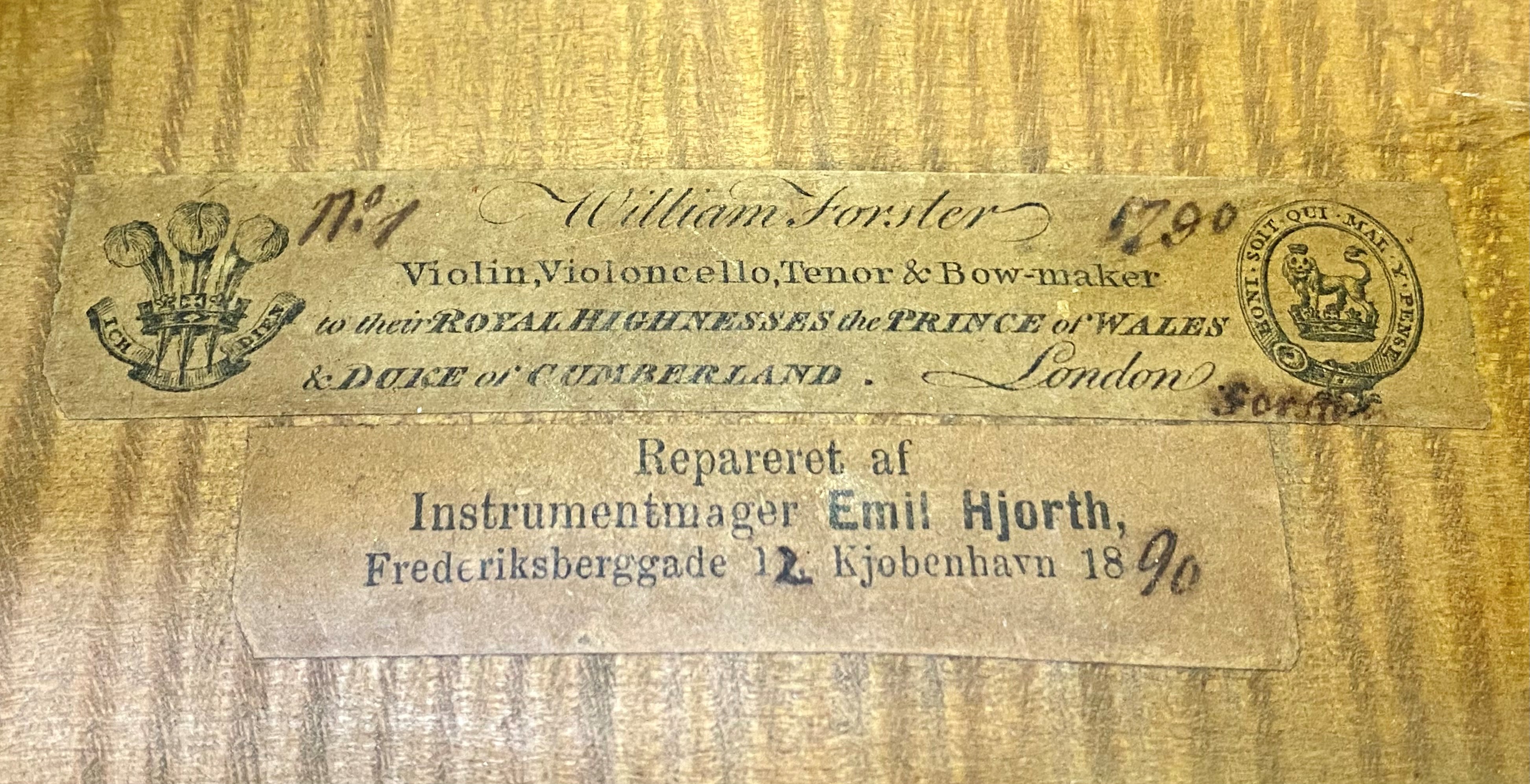 Label inside Forster cello included in Ingles & Hayday sale